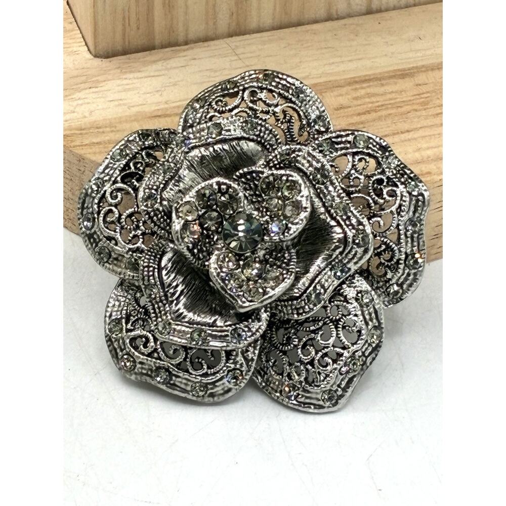 Vintage Silver Tone Filigree Rose Brooch Pendant Convertible Rhinestone Pave